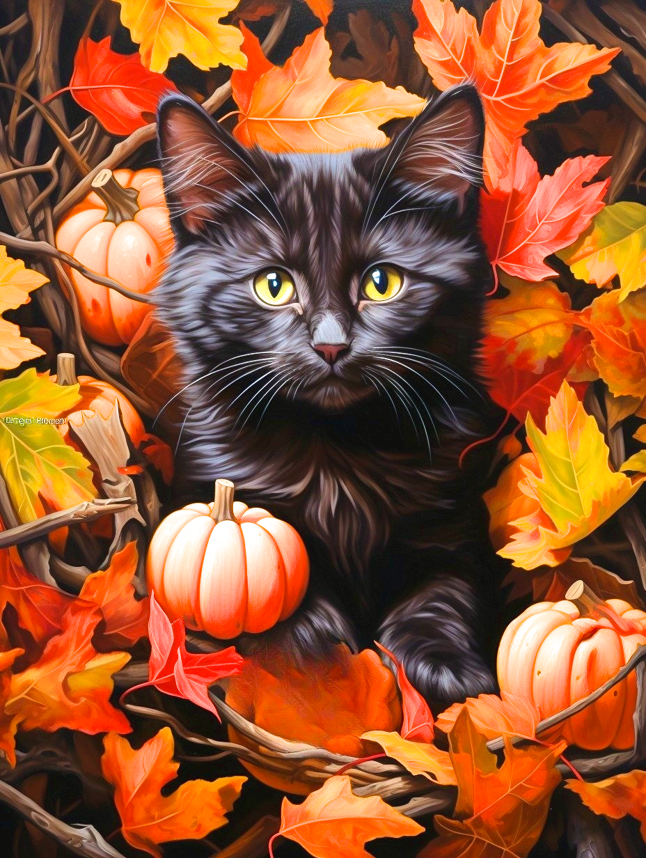 Black Cat Pumpkins Leaves Diamond Art Kit