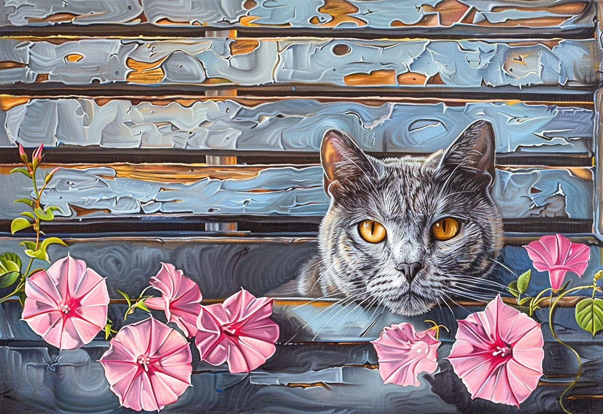 Gray Cat Fence Flowers Diamond Art Kit