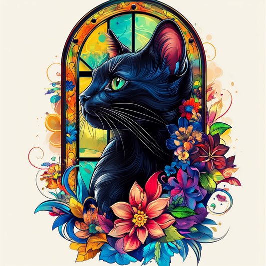 Window And Black Cat With Flowers Diamond Art Kit