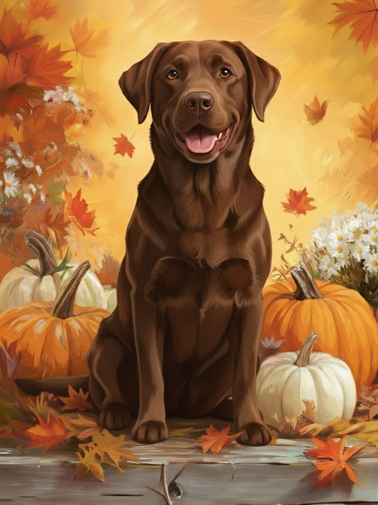 Choclate Labrador Ret River Four Pumpkins Diamond Art Kit