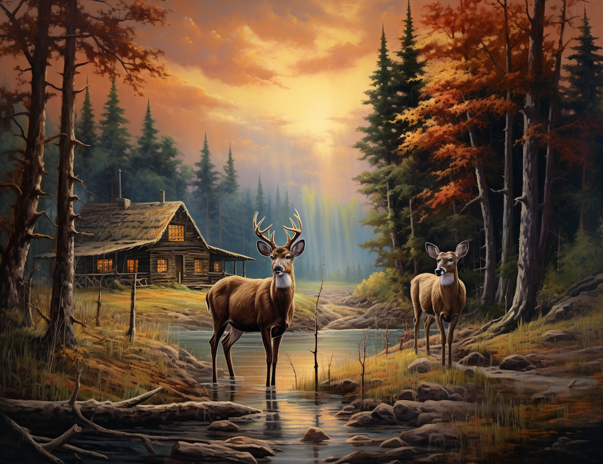 Doe Buck Fall Cabin Diamond Art Kit