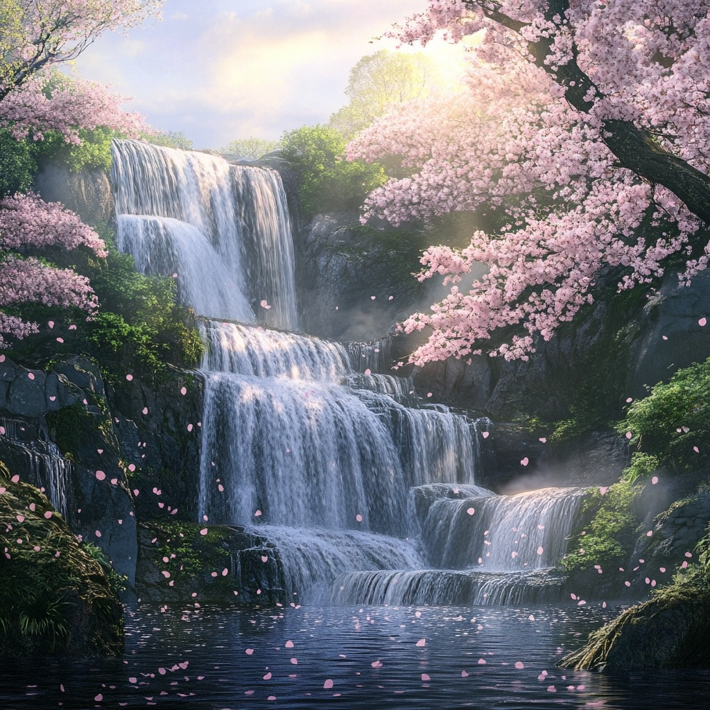 Greenery And Pink Flower Waterfalls Diamond Art Kit