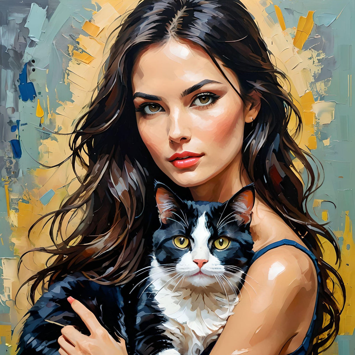 Woman Holding Blackandwhite Cat Diamond Art Kit