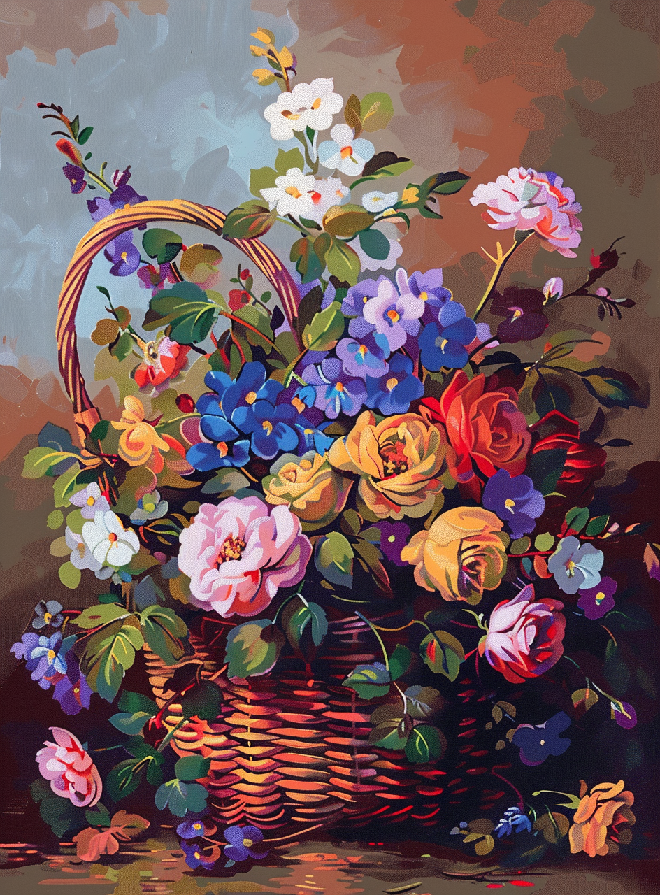 Brown Basket Of Colorful Flowers Diamond Art Kit