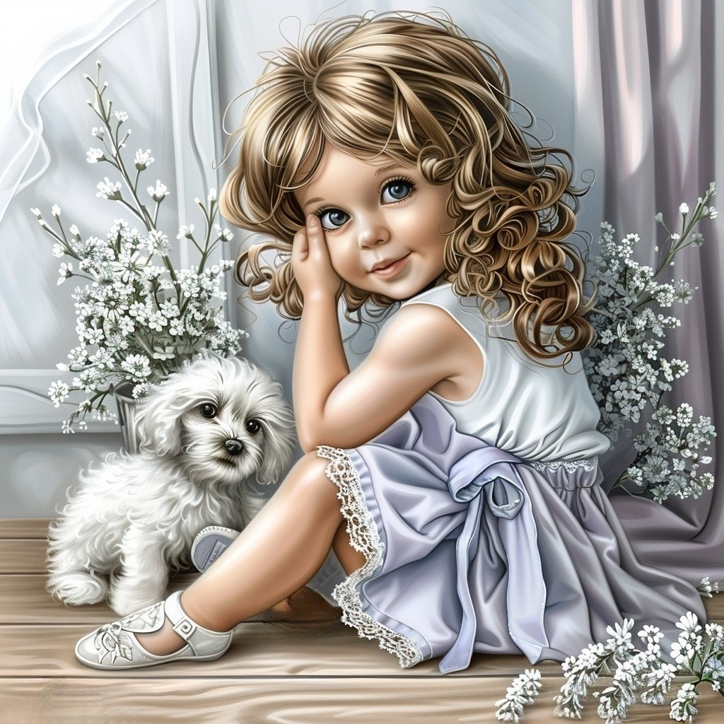 Wavy Hair Little Girl Puppy Diamond Art Kit