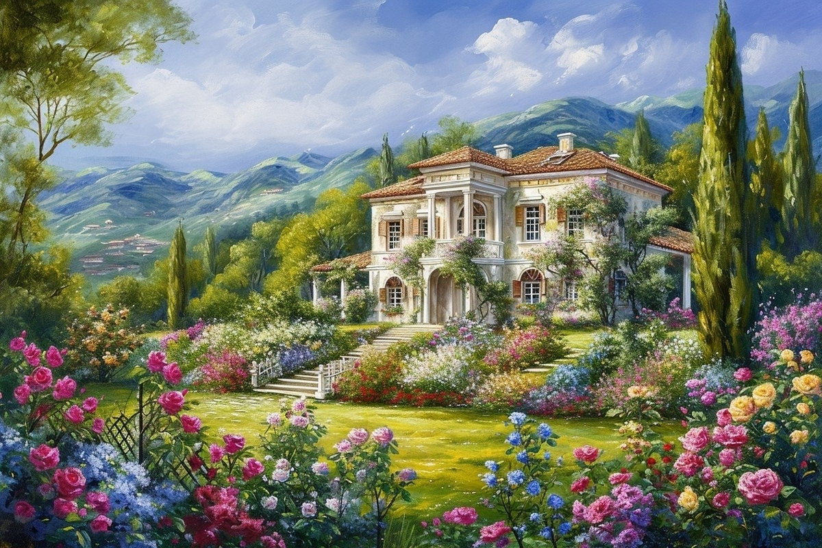 White Villa Flowers Diamond Art Kit