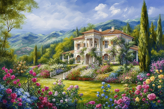 White Villa Flowers Diamond Art Kit