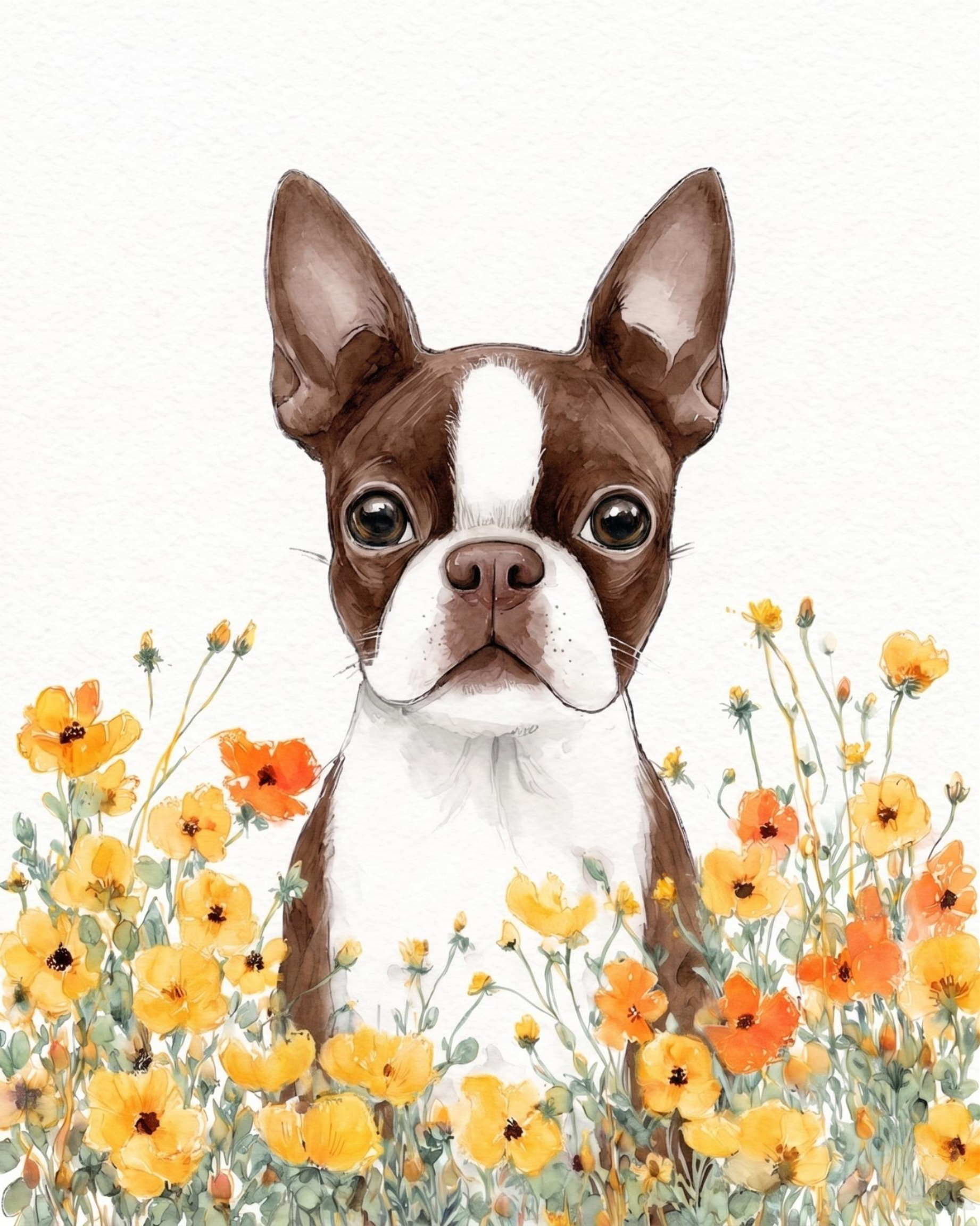 Yellow Poppies Liver And White Boston Terrier Diamond Art Kit