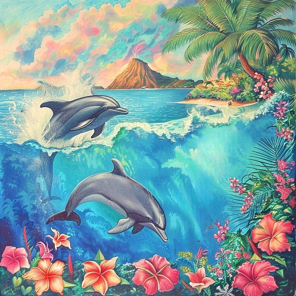 Two Dolphins Tropical Flowers Diamond Art Kit