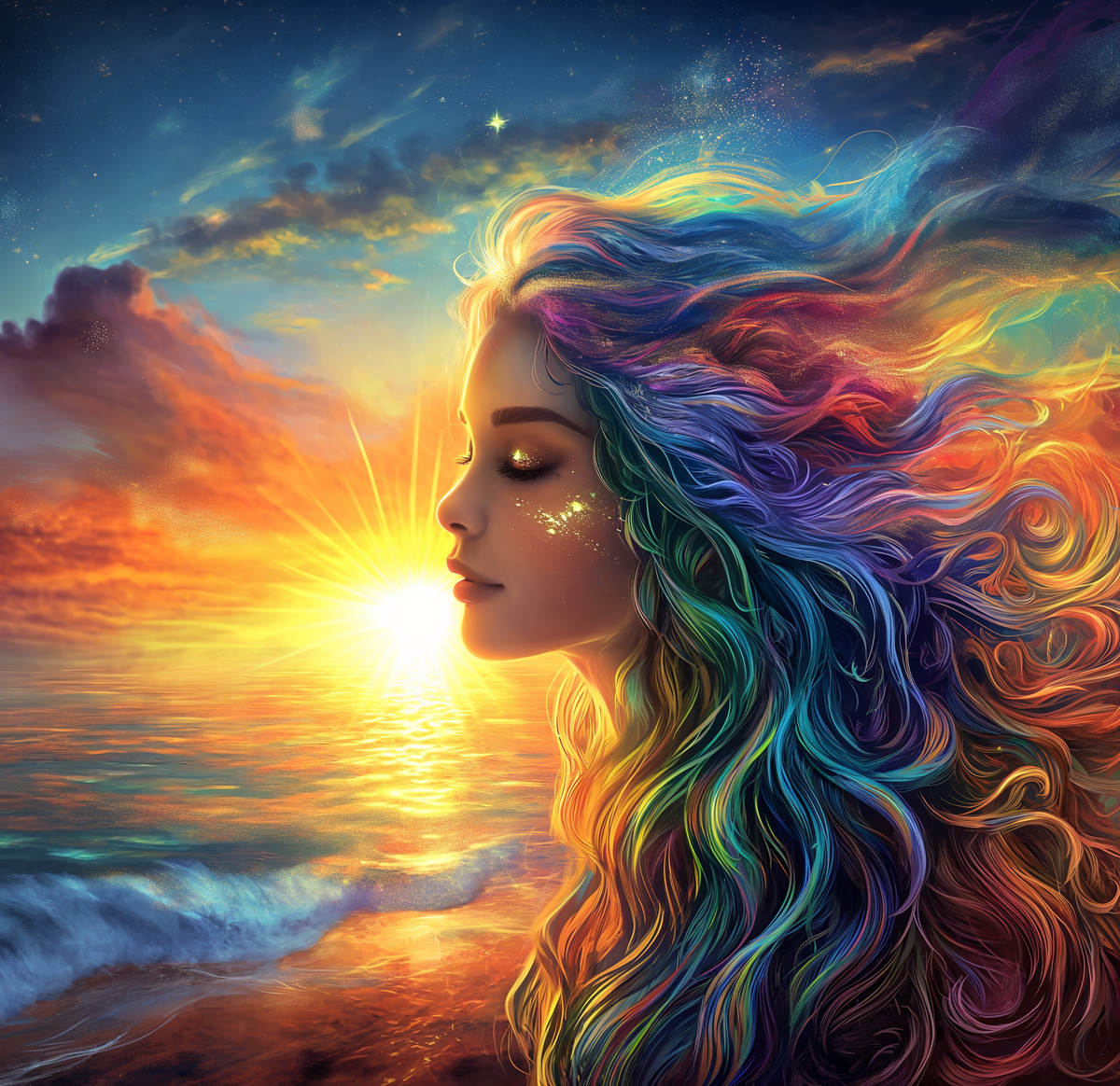 Colorful Hair Girl Sunset Diamond Art Kit