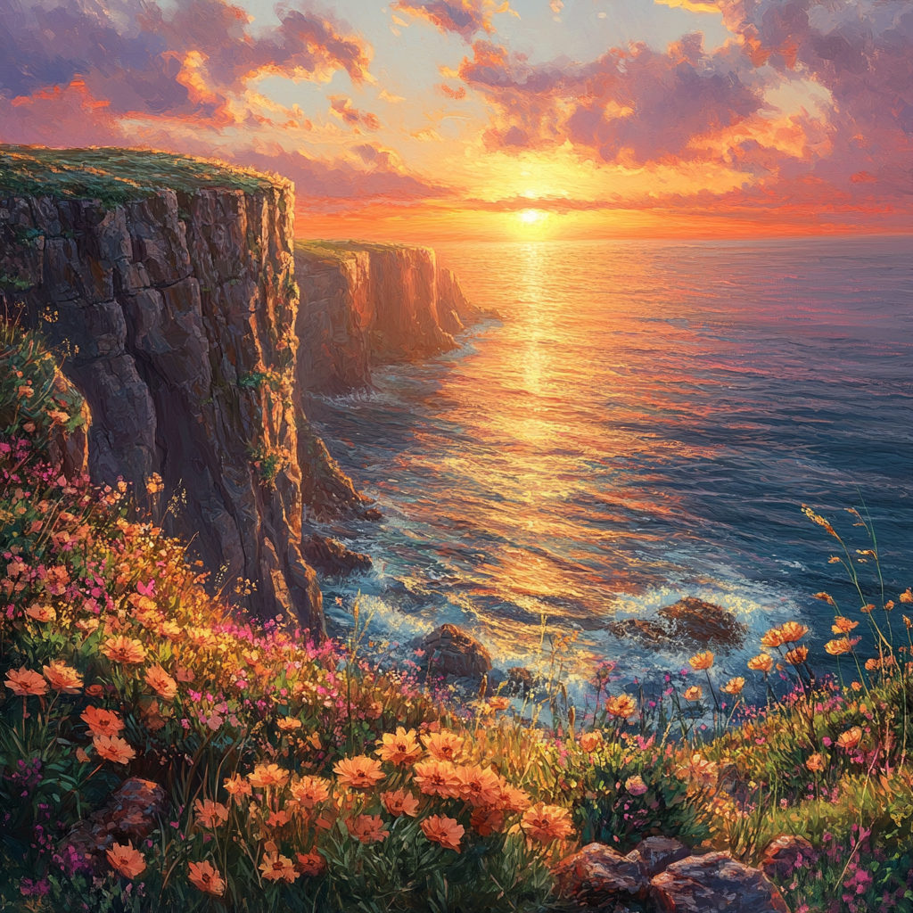Sunset Cliffside Flowers Diamond Art Kit