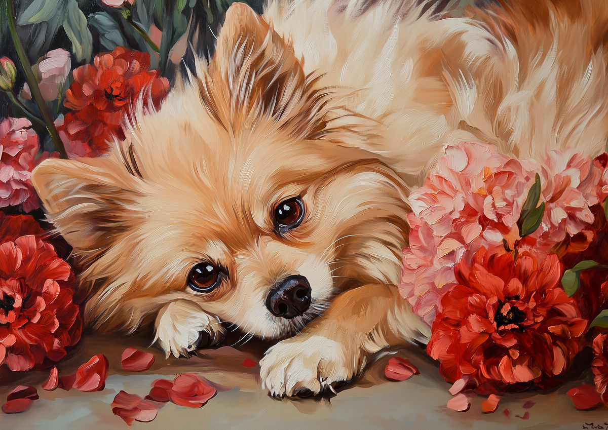 Sleeping Pomeranian Flowers Diamond Art Kit