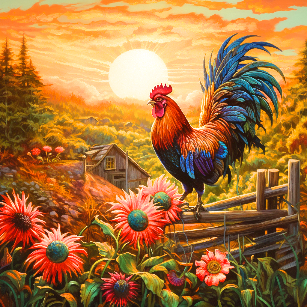Blue Tail Rooster Sunrise Diamond Art Kit