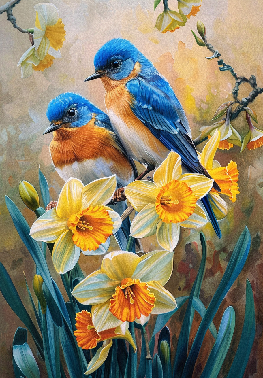 Two Birds Behind Daffodils Diamond Art Kit