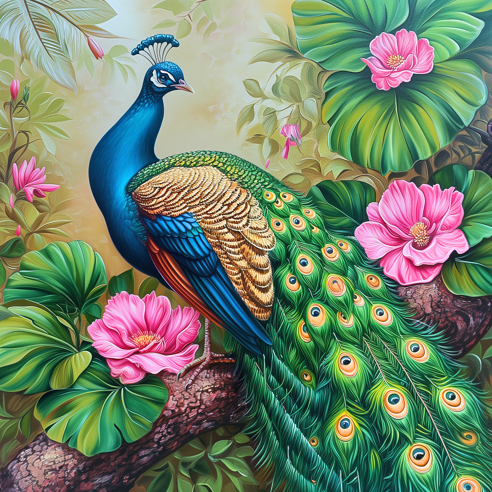 Pink Flowers And Peacock Diamond Art Kit