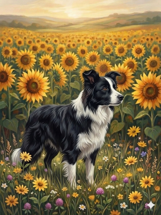 Sunflower Field Blackandwhite Border Collie Diamond Art Kit