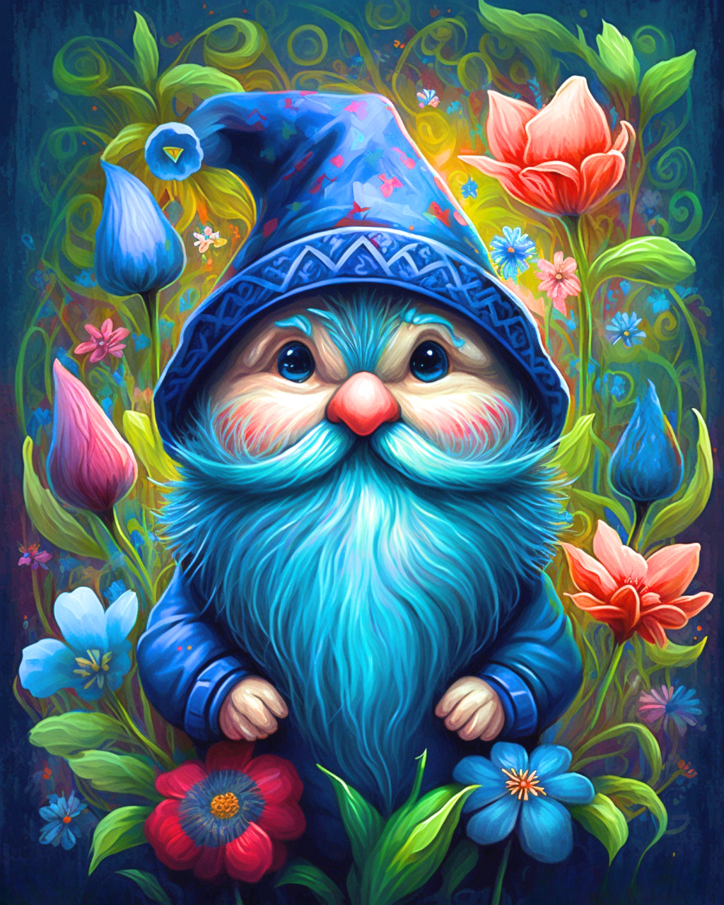 Blue Hat Gnome Flowers Diamond Art Kit