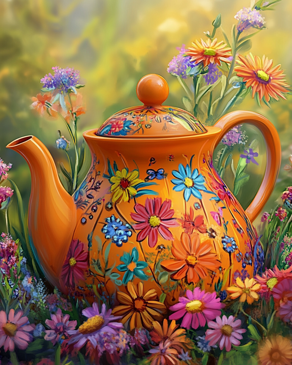 Teapot Grassy Flowers Diamond Art Kit