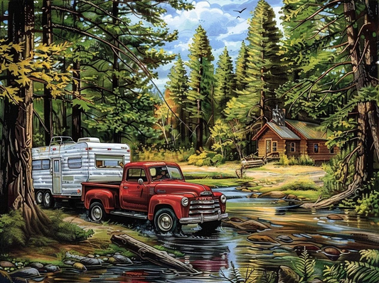 Red Truck Camping In The Woods Diamond Art Kit