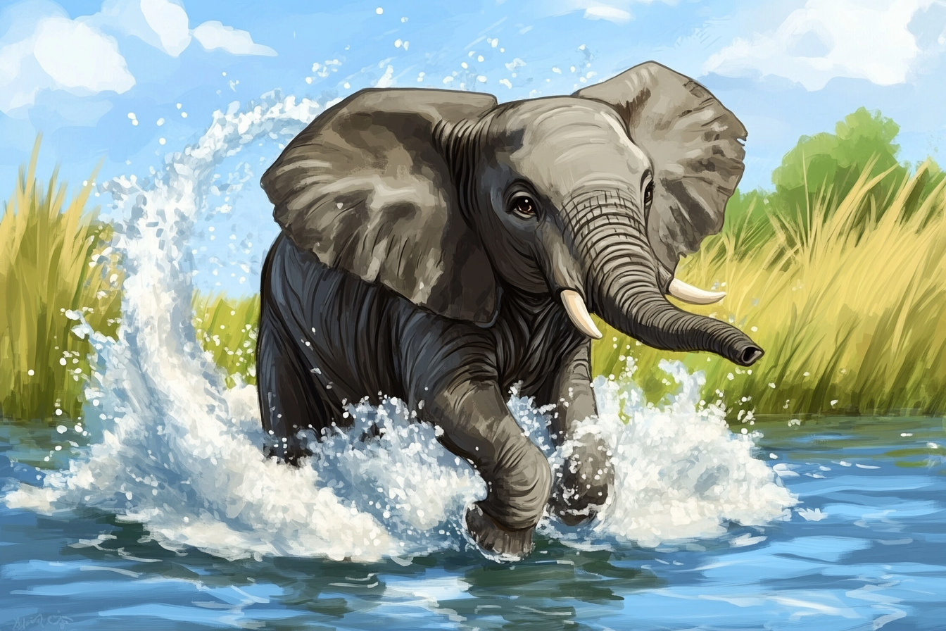 Gray Elephant In The Water Diamond Art Kit