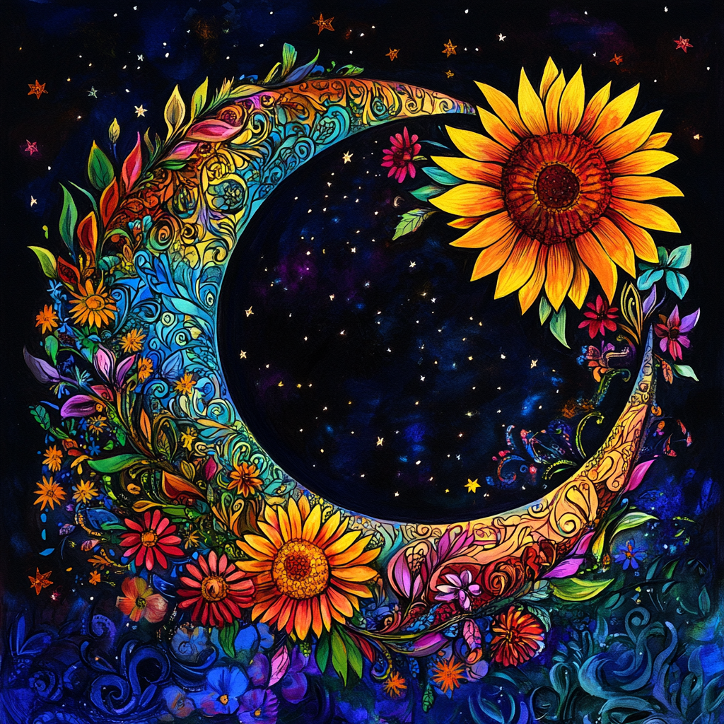 Vibrant Color Crescent Moon Sunflower Diamond Art Kit
