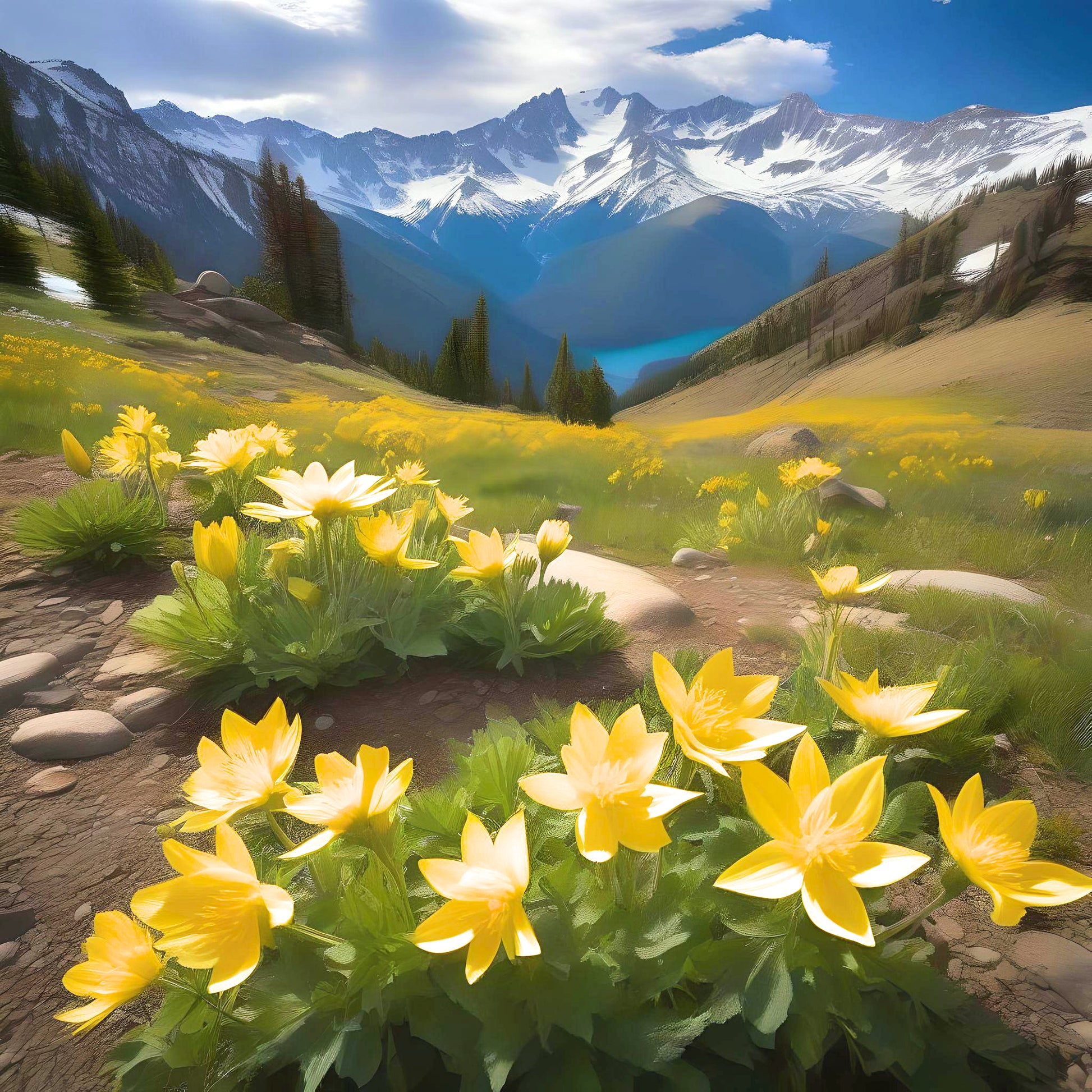 Mountain Valley Lake Yellow Flowers Diamond Art Kit