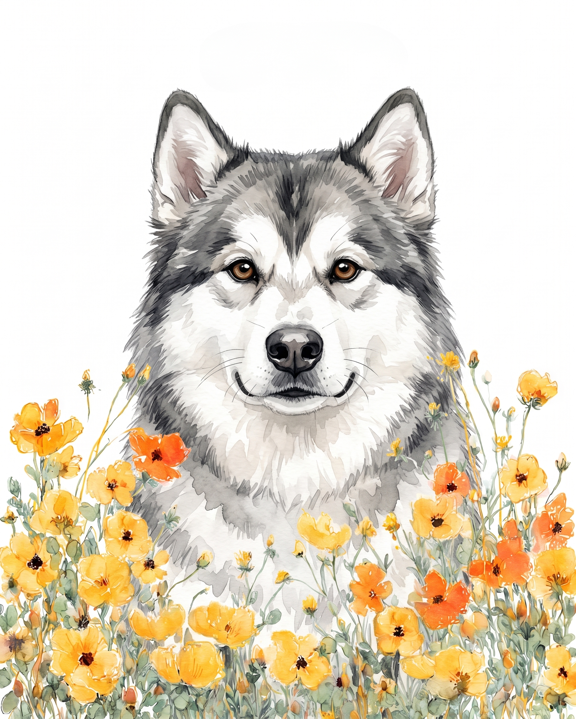 Yellow Poppies Alaskan Malamute Diamond Art Kit
