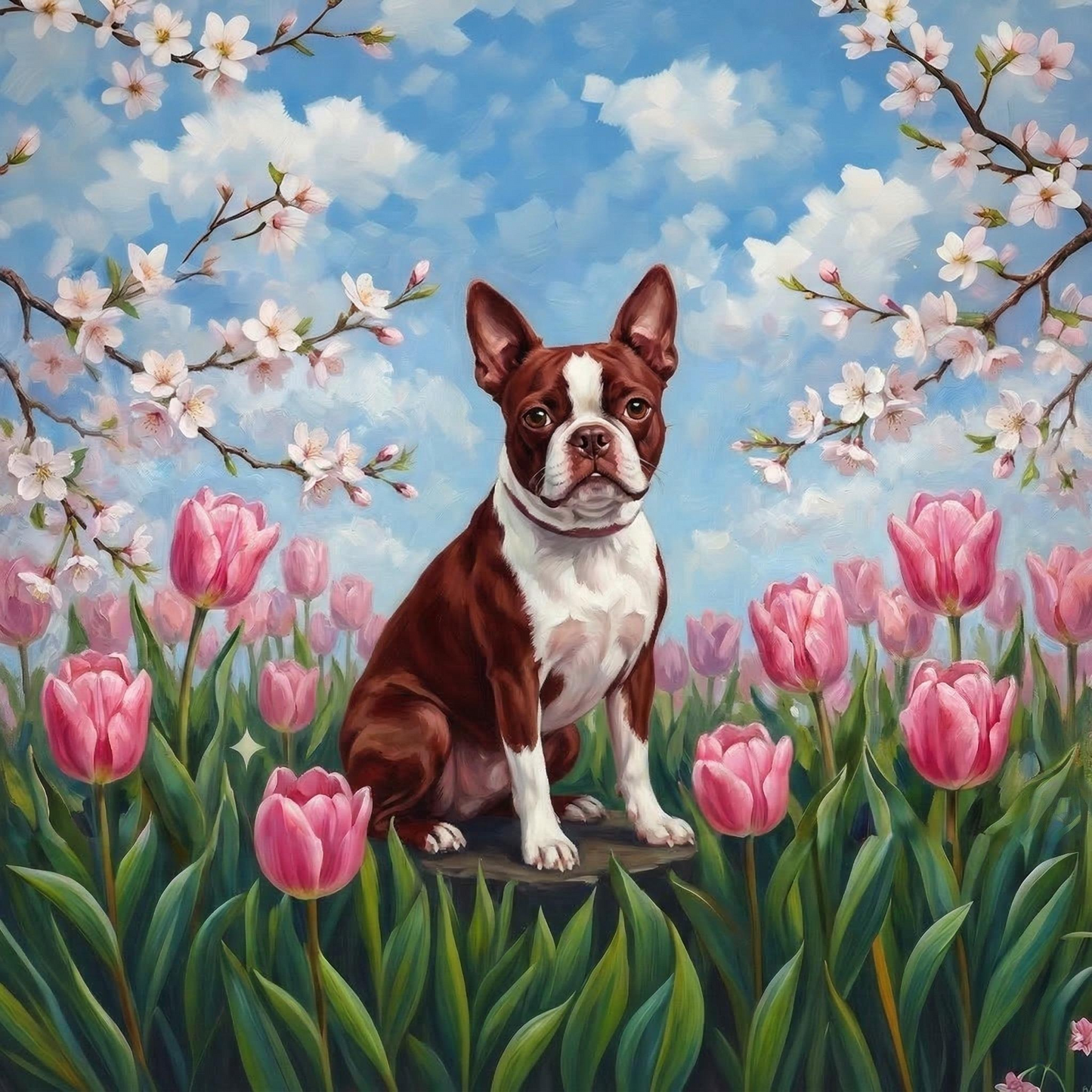 Pink Tulips Red Boston Terrier Diamond Art Kit