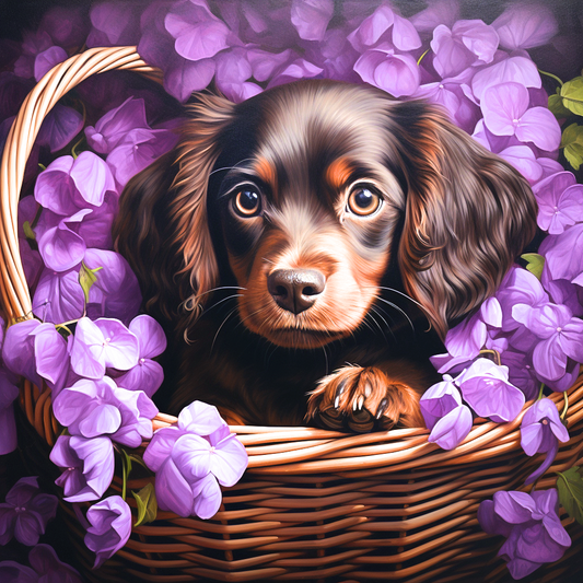 Brown Fur Puppy Flower Basket Diamond Art Kit