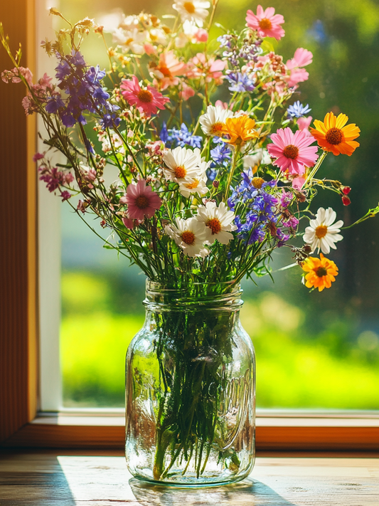 Jar Of Flower In The Window Diamond Art Kit