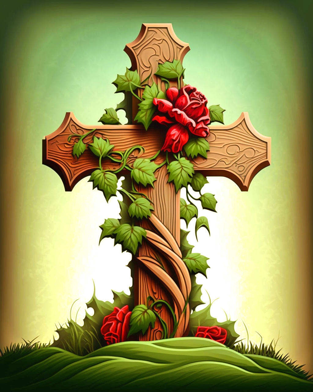 Red Flower Detailed Wood Cross Diamond Art Kit