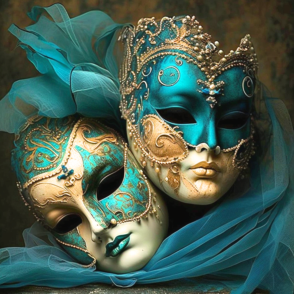 Two Teal Gold Porcelain Masks Diamond Art Kit