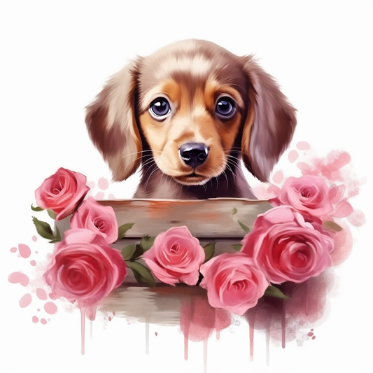 Pink Rose Dachshund Puppy Diamond Art Kit