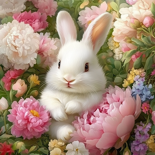 White Baby Bunny Peonies Diamond Art Kit