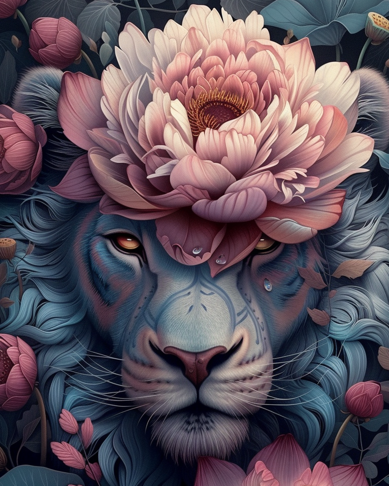 Pink Flower Lioness Diamond Art Kit