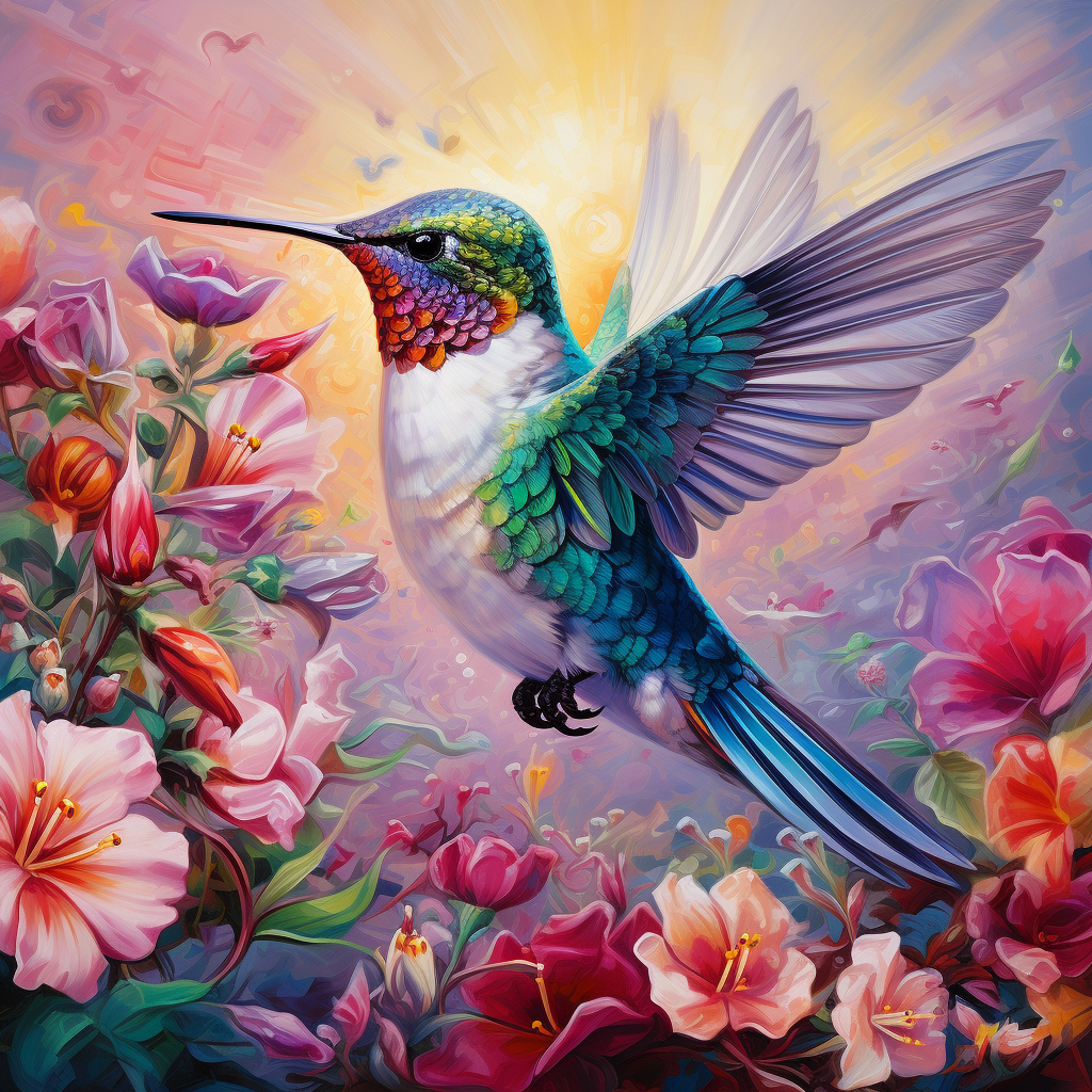 Beautiful Hummingbird In The Flowers Diamond Art Kit