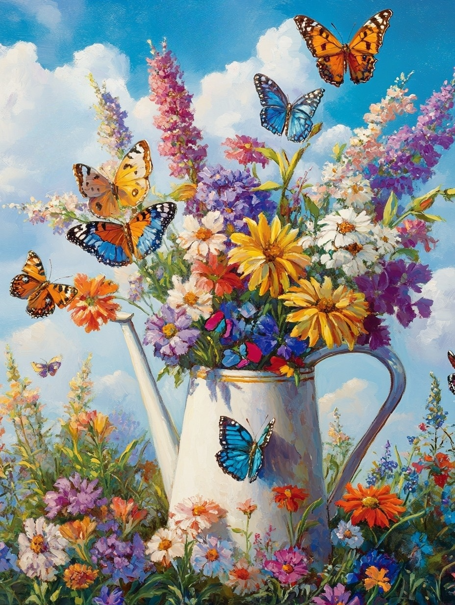 Colorful Butterflies And Flowers Watering Can Diamond Art Kit
