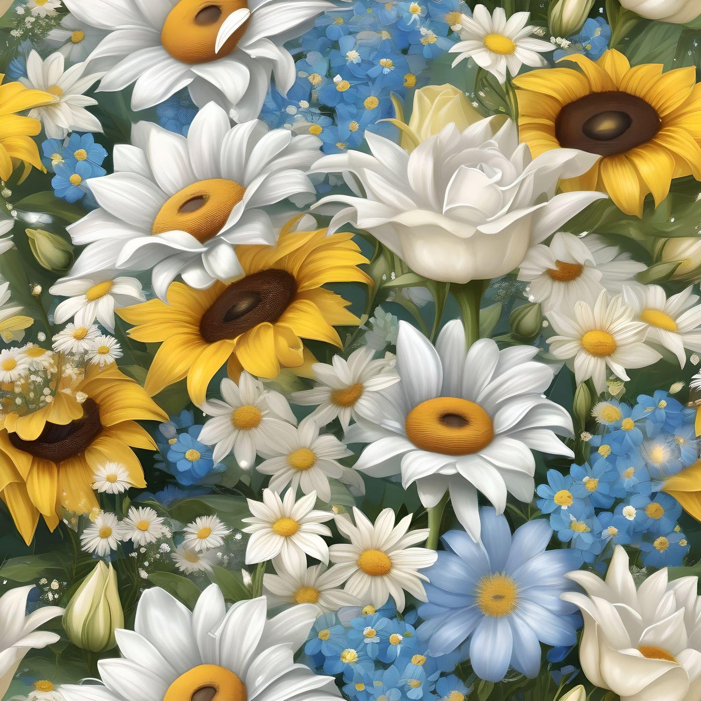 Mix Of White Yellow Blue Flowers Diamond Art Kit