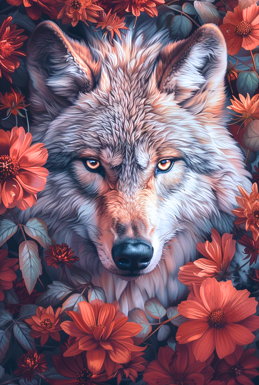Red Flower Wolf Diamond Art Kit
