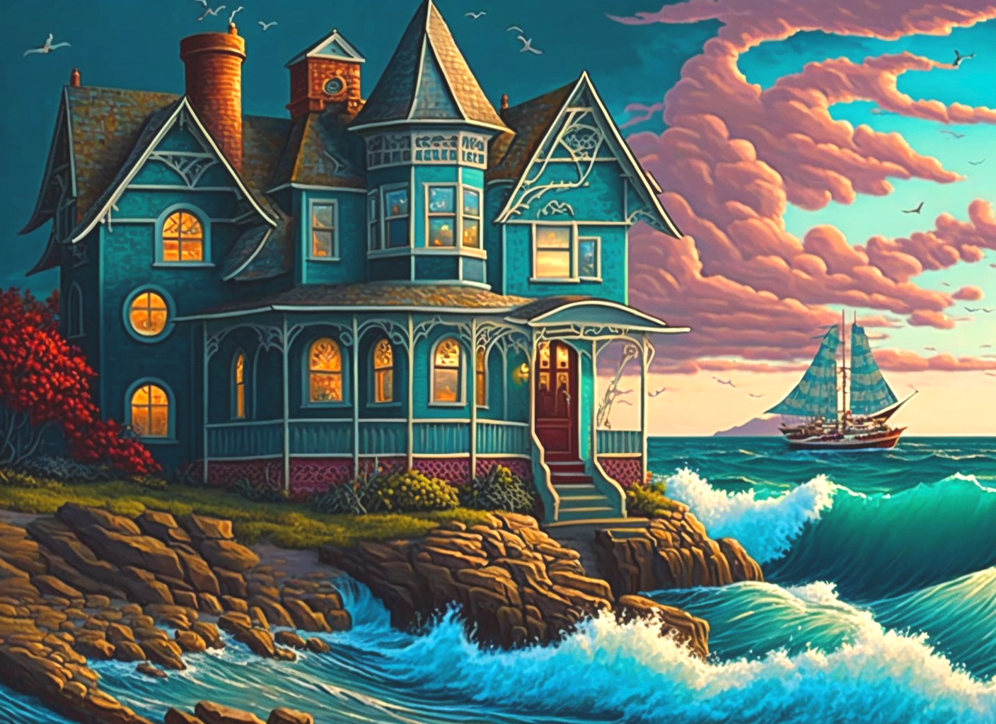 Ocean Waves Blue House Diamond Art Kit