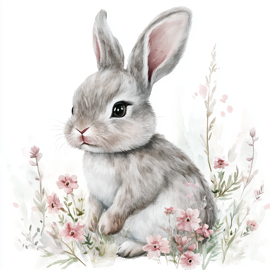 Watercolor Grey Bunny Flowers Diamond Art Kit