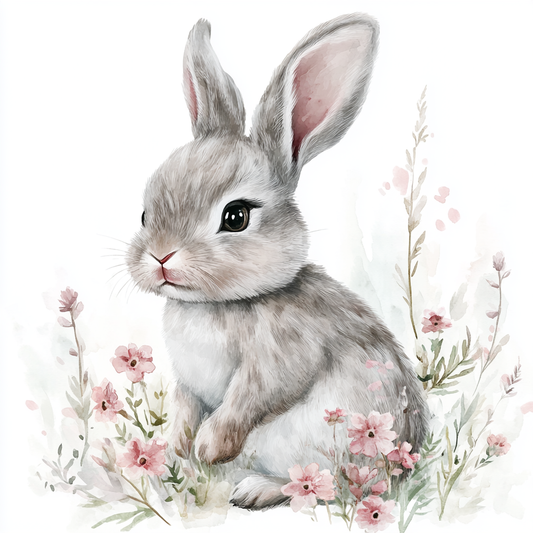 Watercolor Grey Bunny Flowers Diamond Art Kit