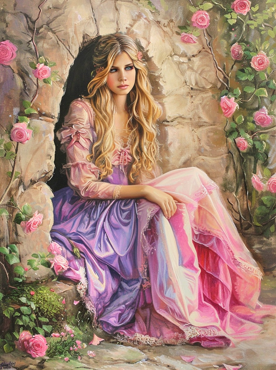 Pink Purple Dress Girl Sitting Diamond Art Kit