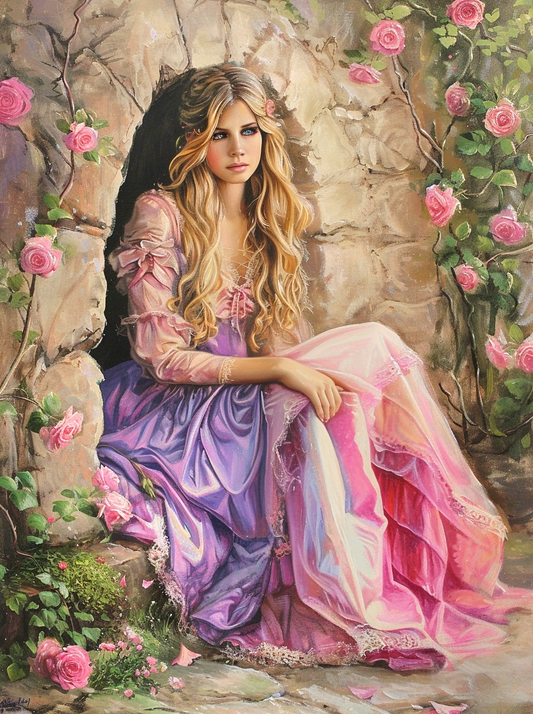 Pink Purple Dress Girl Sitting Diamond Art Kit