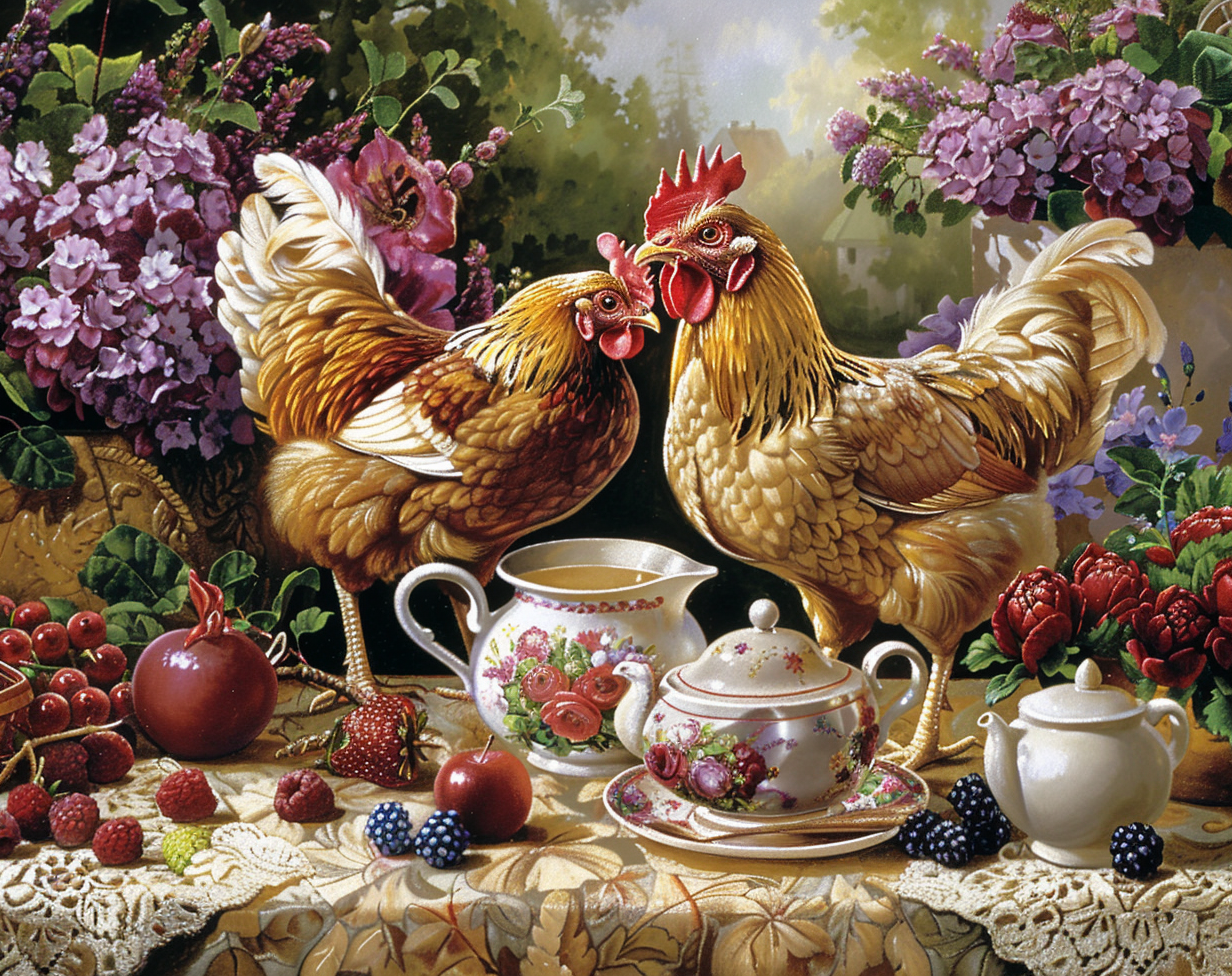 Tea And Fruit Roosters Diamond Art Kit