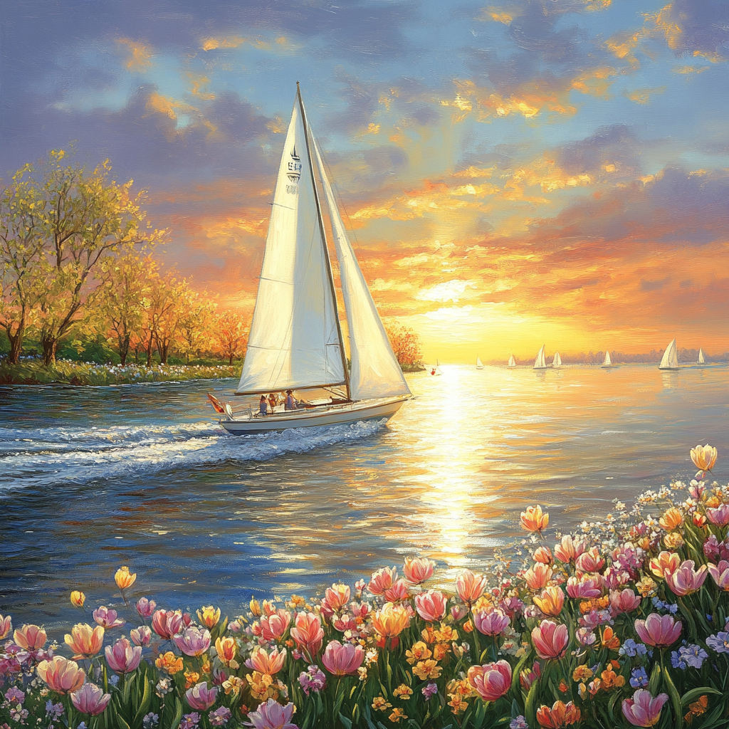 Pink Orange Blue Flowers Sailboat Diamond Art Kit