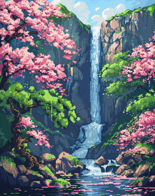 Waterfall And Pink Flowers Diamond Art Kit