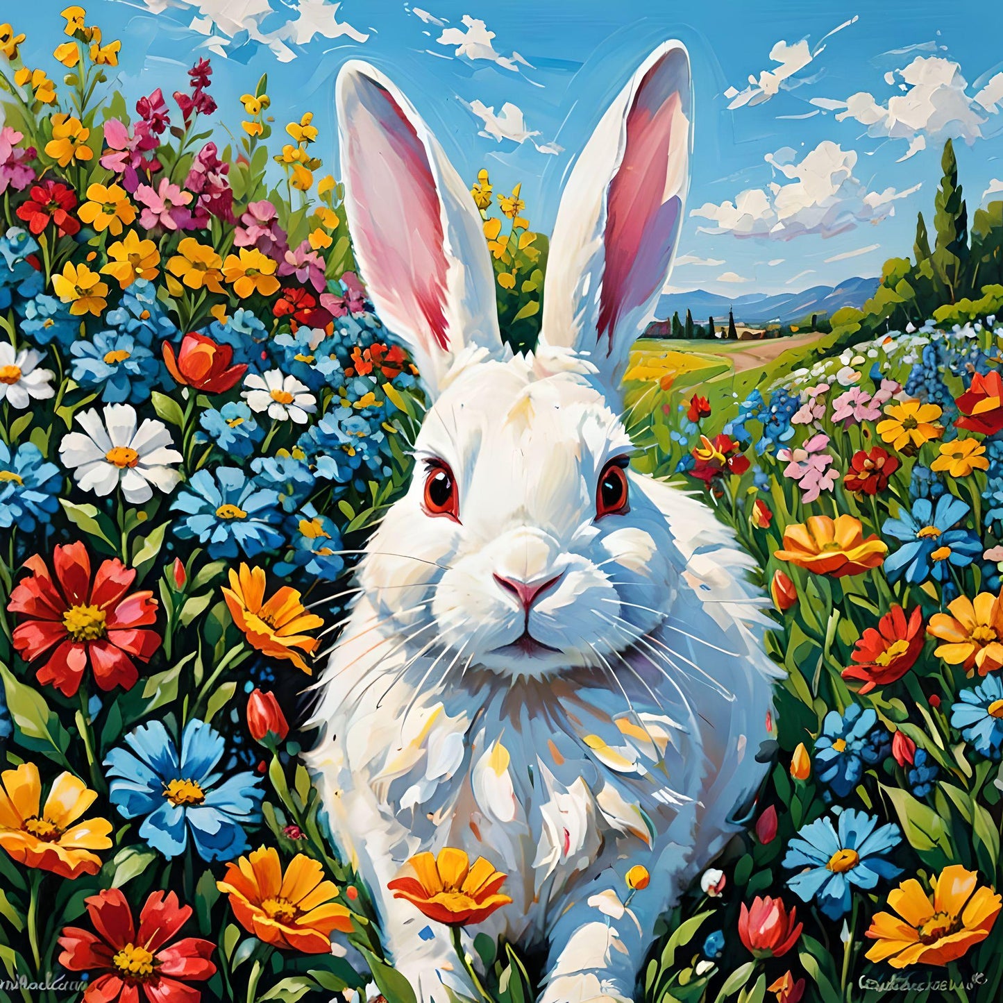 White Rabbit Sitting In Flowers Diamond Art Kit