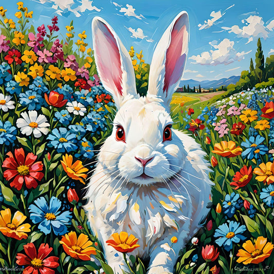 White Rabbit Sitting In Flowers Diamond Art Kit