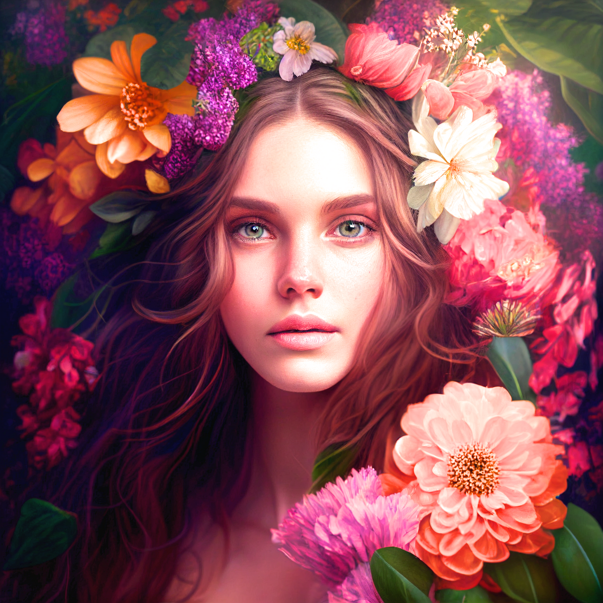 Brown Hair Girl Flowers Diamond Art Kit